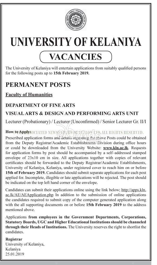 Lecturer Government Vacancies at University of Kelaniya