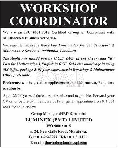 Workshop Coordinator Vacancy at Luminex (Pvt) Ltd