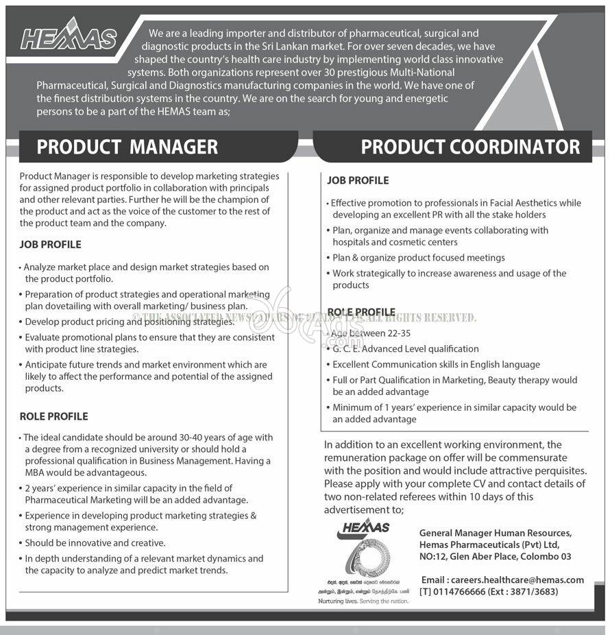 Product Manager / Coordinator Vacancies at Hemas Pharmaceuticals (pvt) Ltd