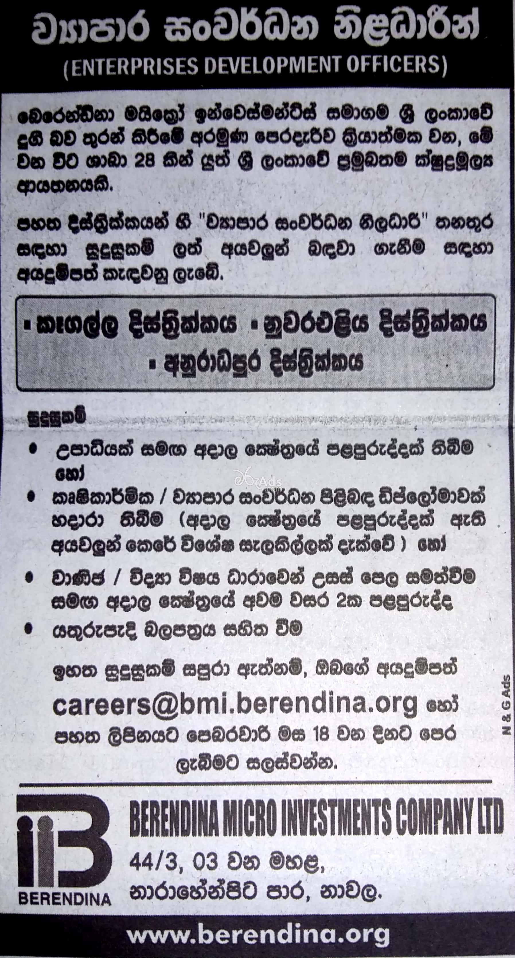 Enterprises Development Officer Vacancies at Berendina Micro Investments Company Ltd