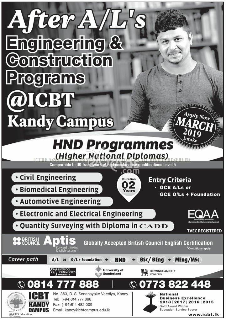 Diploma in Civil, Biomedical, Automotive, Electronic and Electrical Engineering at ICBT Kandy Campus