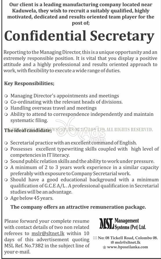 Confidential Secretary Vacancy at Management Systems (pvt) Ltd Colombo 08