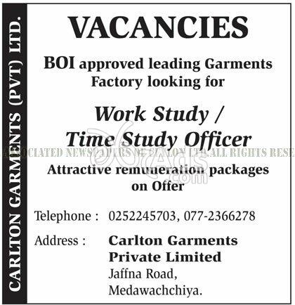 Work Study / Time Study Officer Vacancies at Carlton Garments (pvt) Ltd
