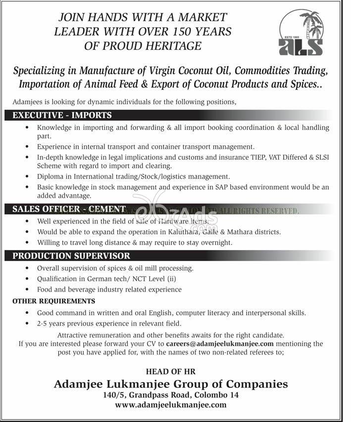 Executive Sales Officer Production Supervisor Vacancies At Adamjee Lukmanjee Group Of Companies Colombo 14