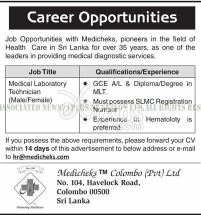 Medical Laboratory Technician Vacancy at Medicheks Colombo (Pvt) Ltd