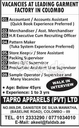 Accountant, Merchandiser, HR Executive, Pattern Maker, Store Keeper, Supervisor Vacancies at Tapro Apparels (pvt) Ltd