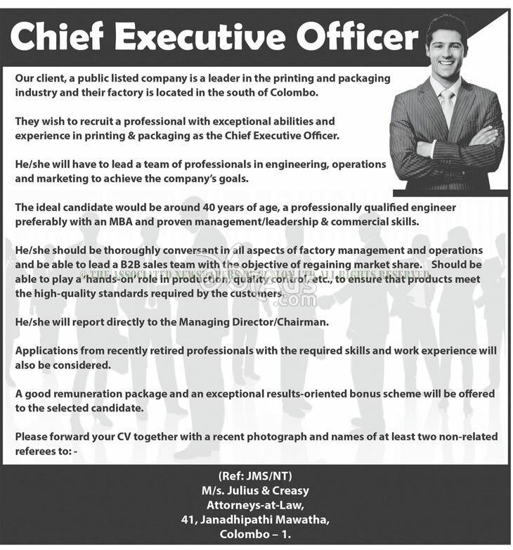 Ceo Job Posts Vacancy for Chief Executive Officer - Colombo 01