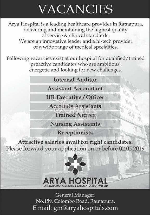 Internal Auditor, Assistant Accountant, HR Executive, Accounts Assistant, Nurses, Receptionist Vacancies at Arya Hospital