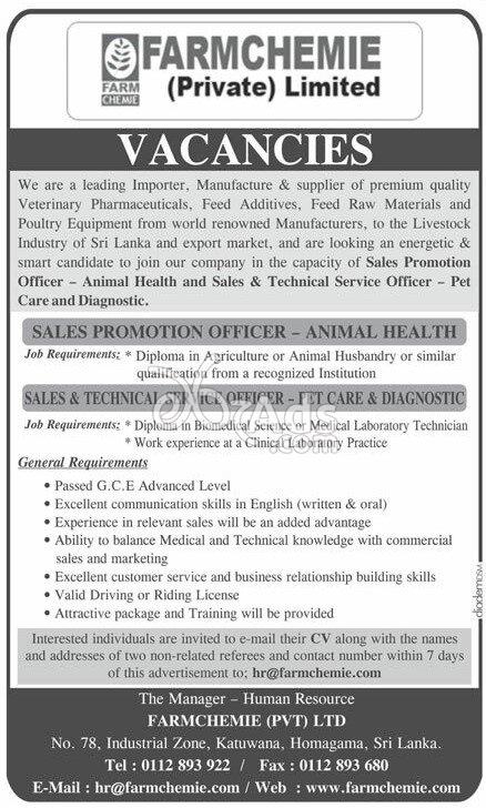 Sales Promotion Officer, Sales & Technical Service Officer Vacancies at Farmchemie (Pvt) Ltd