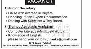 Junior Secretary, Trainee Accounts Assistant Vacancies at G T L Lanka (Pvt) Ltd