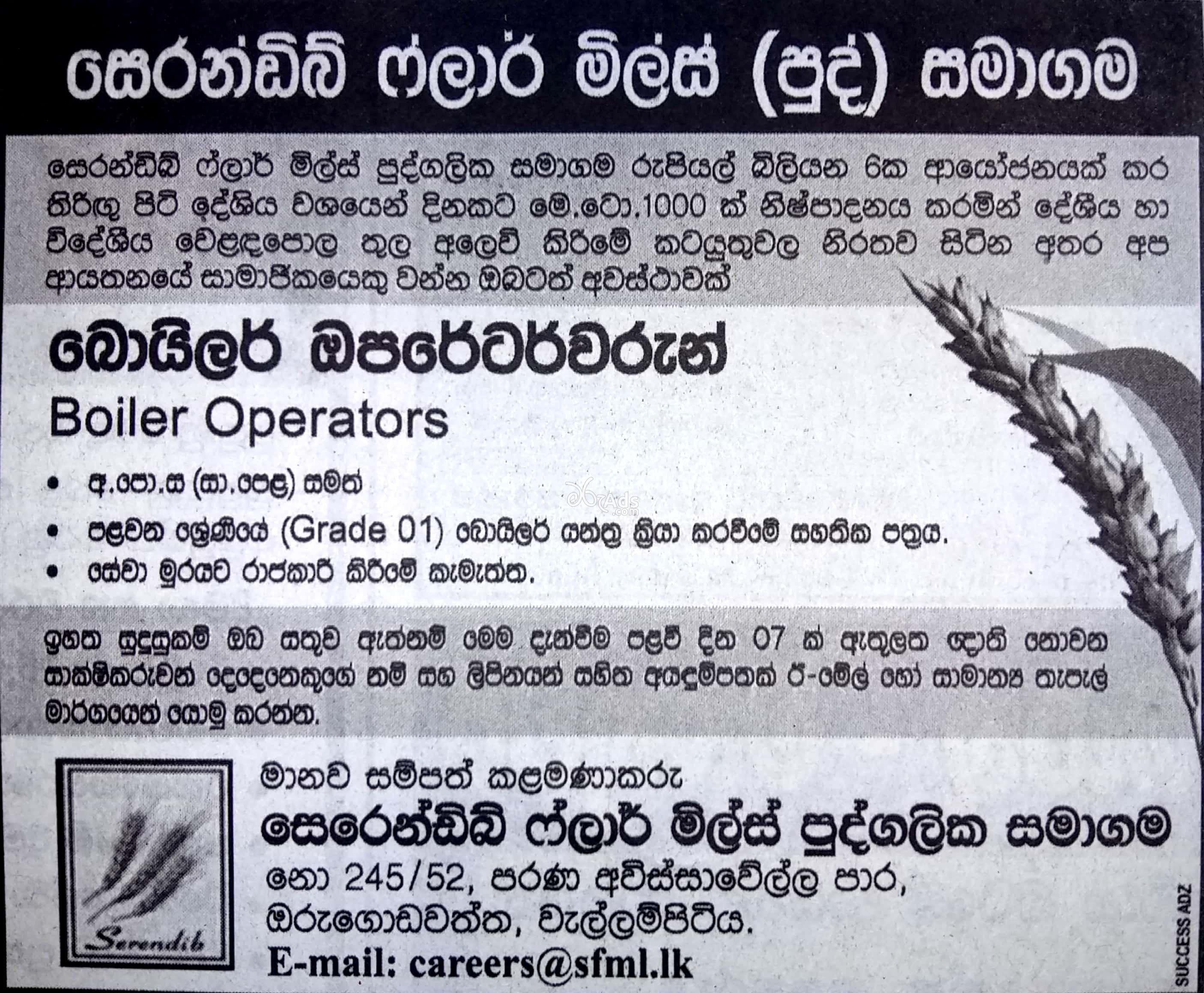 Boiler Operator Vacancy at Serendib Flour Mills (Pvt) Ltd Wellampitiya