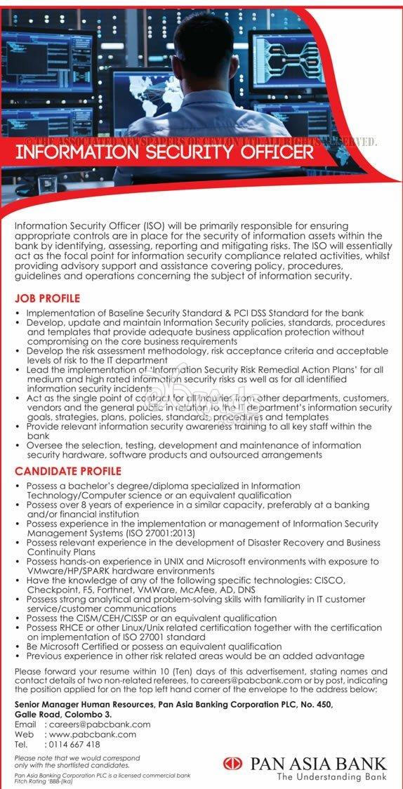 Information Security Officer Vacancy at Pan Asia Bank