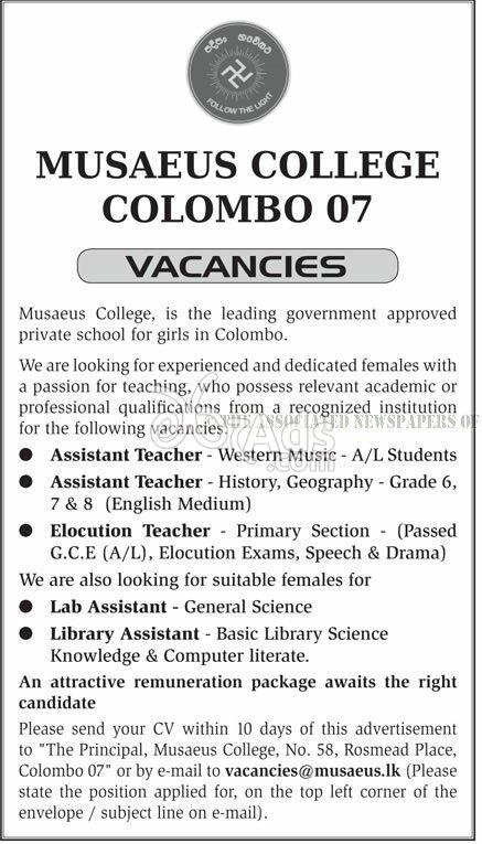 Assistant Teachers, Elocution Teacher, Lab Assistant, Library Assistant Vacancies at Musaeus College