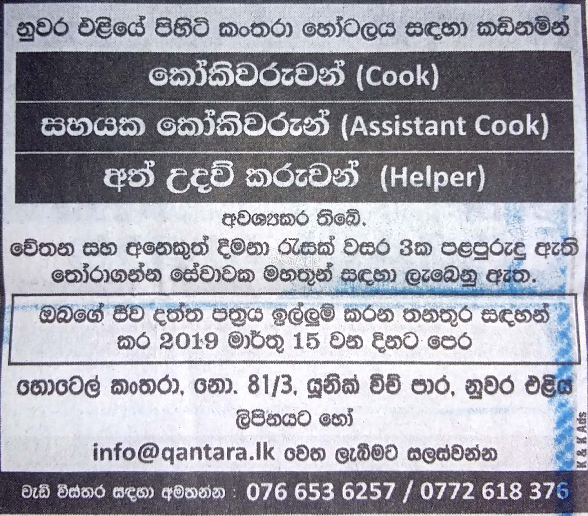 Cook, Assistant Cook, Helper Vacancies at Hotel Qantara