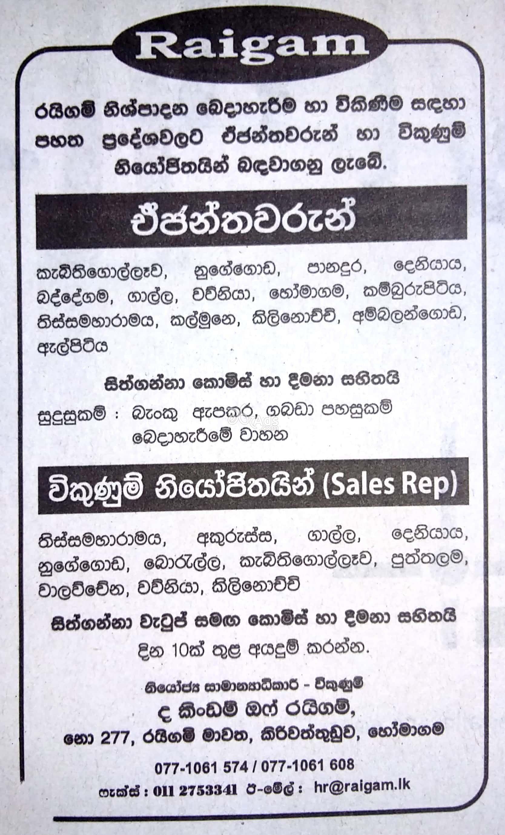 Sales Representative Vacancies at The Kingdom of Raigam