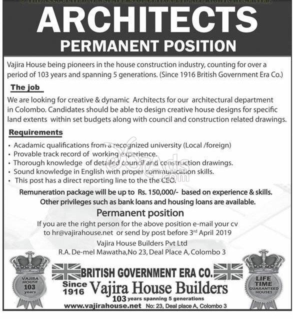 Architects Vacancy at Vajira House Builders (Pvt) Ltd