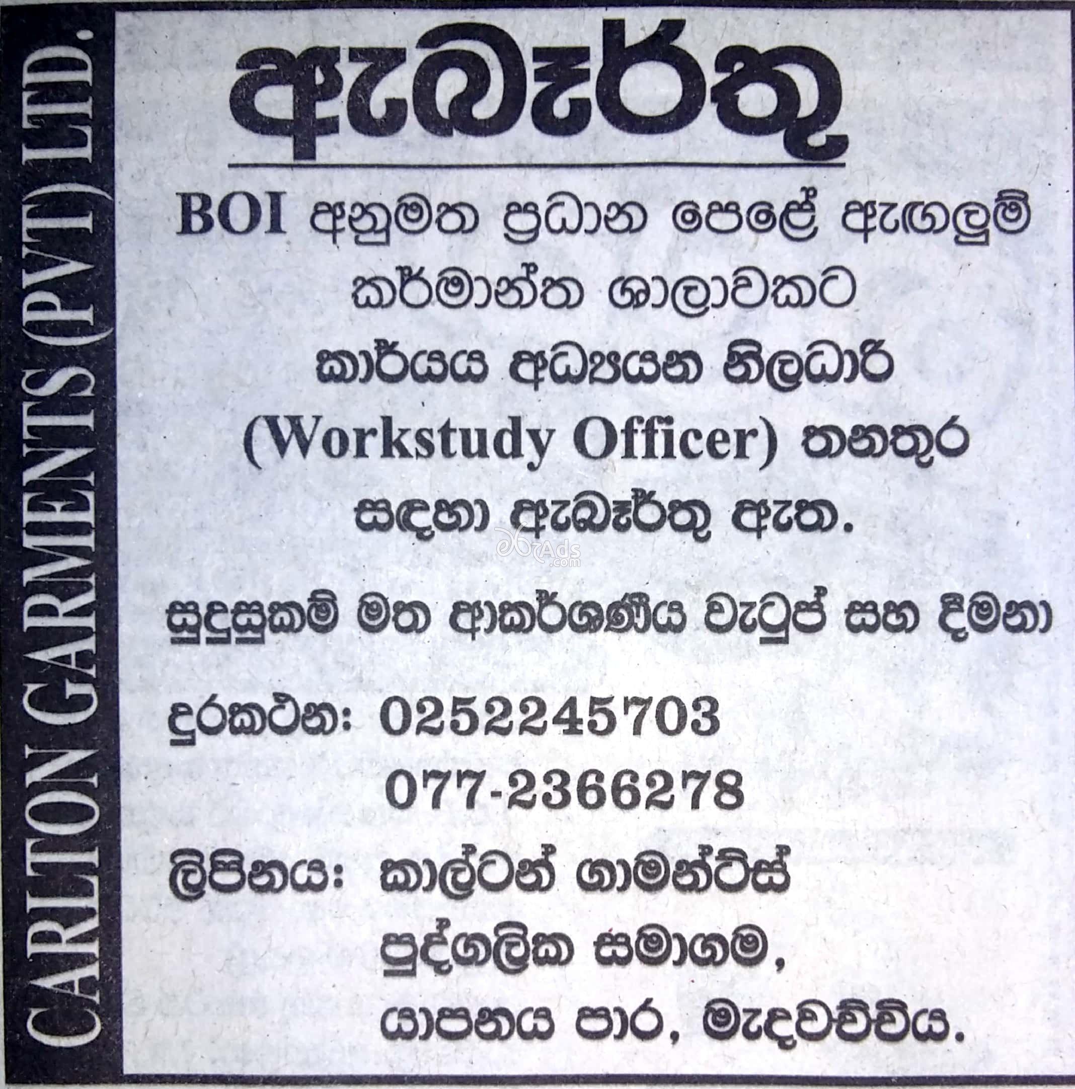 Workstudy Officer Vacancy at Carlton Garments (Pvt) Ltd