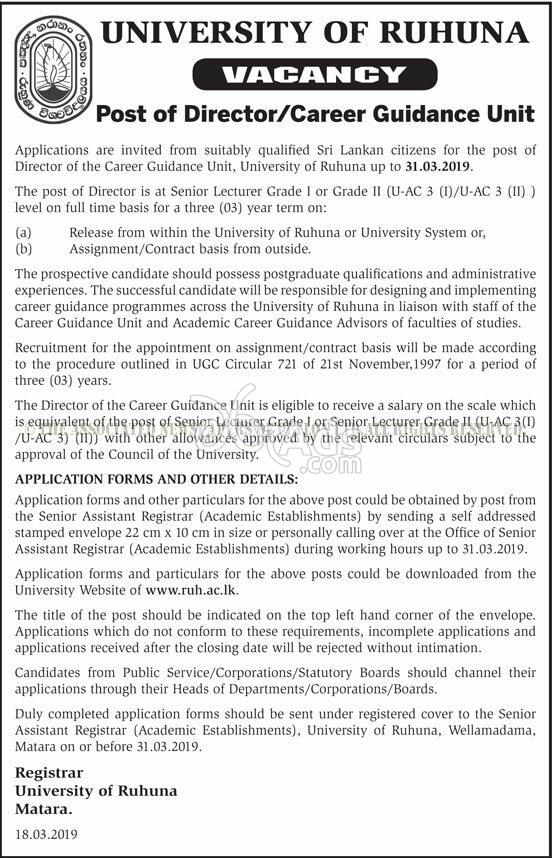 Director / Career Guidance Unit Government Vacancy at University of Ruhuna