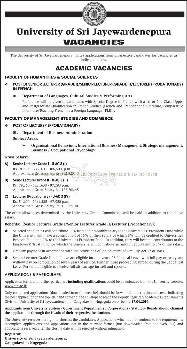 Senior Lecturer Grade I, II, Lecturer (Probationary) Government Vacancy at University of Sri Jayewardenepura