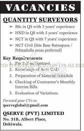 Quantity Surveyors Vacancy at Qserve (Pvt) Ltd
