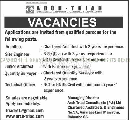 Architect, Site Engineer, Quantity Surveyor, Technical Officer Vacancies at Arch-Triad Consultants (Pvt) Ltd