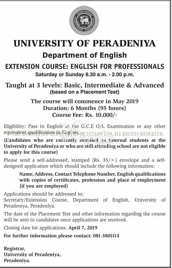 Diploma in English for Professionals at University of Peradeniya