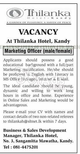 Marketing Officers Job Vacancies at Thilanka Hotel
