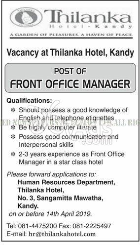 Front Office Manager Vacancy at Thilanka Hotel