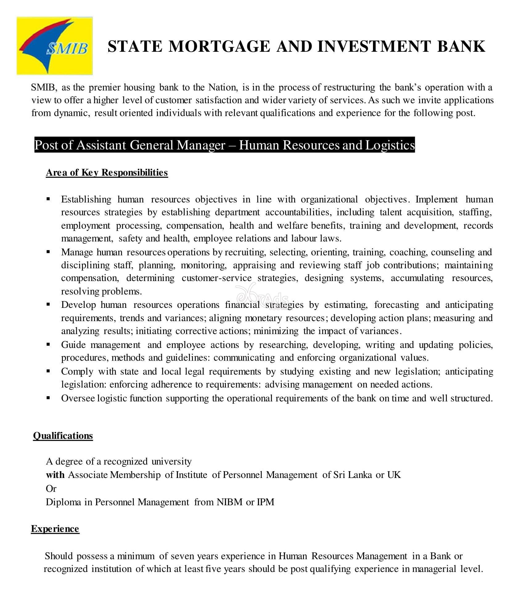 Assistant General Manager (HR & Logistics) Government Vacancy at State  Mortgage & Investment Bank - Colombo 03