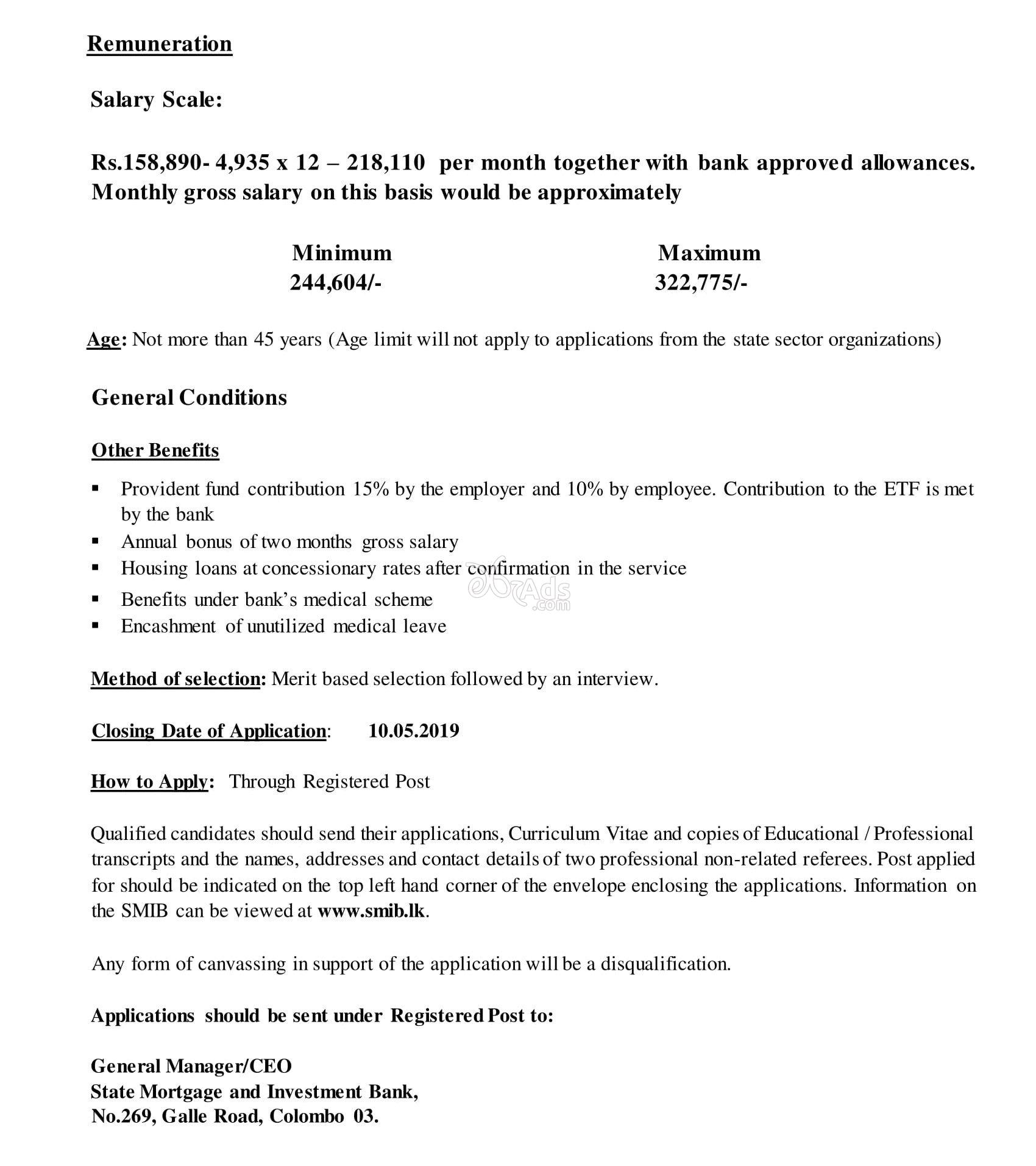 Assistant General Manager (HR & Logistics) Government Vacancy at State Mortgage & Investment Bank