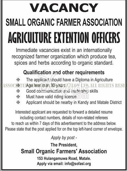 Agriculture Extention Officer Vacancy at Small Organic Farmers' Association