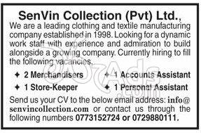 Merchandiser, Store Keeper, Accounts Assistant, Personal Assistant Vacancies at SenVin Collection (pvt) Ltd