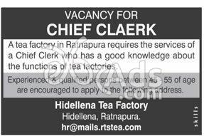 Chief Clerk Vacancy at Hidellena Tea Factory