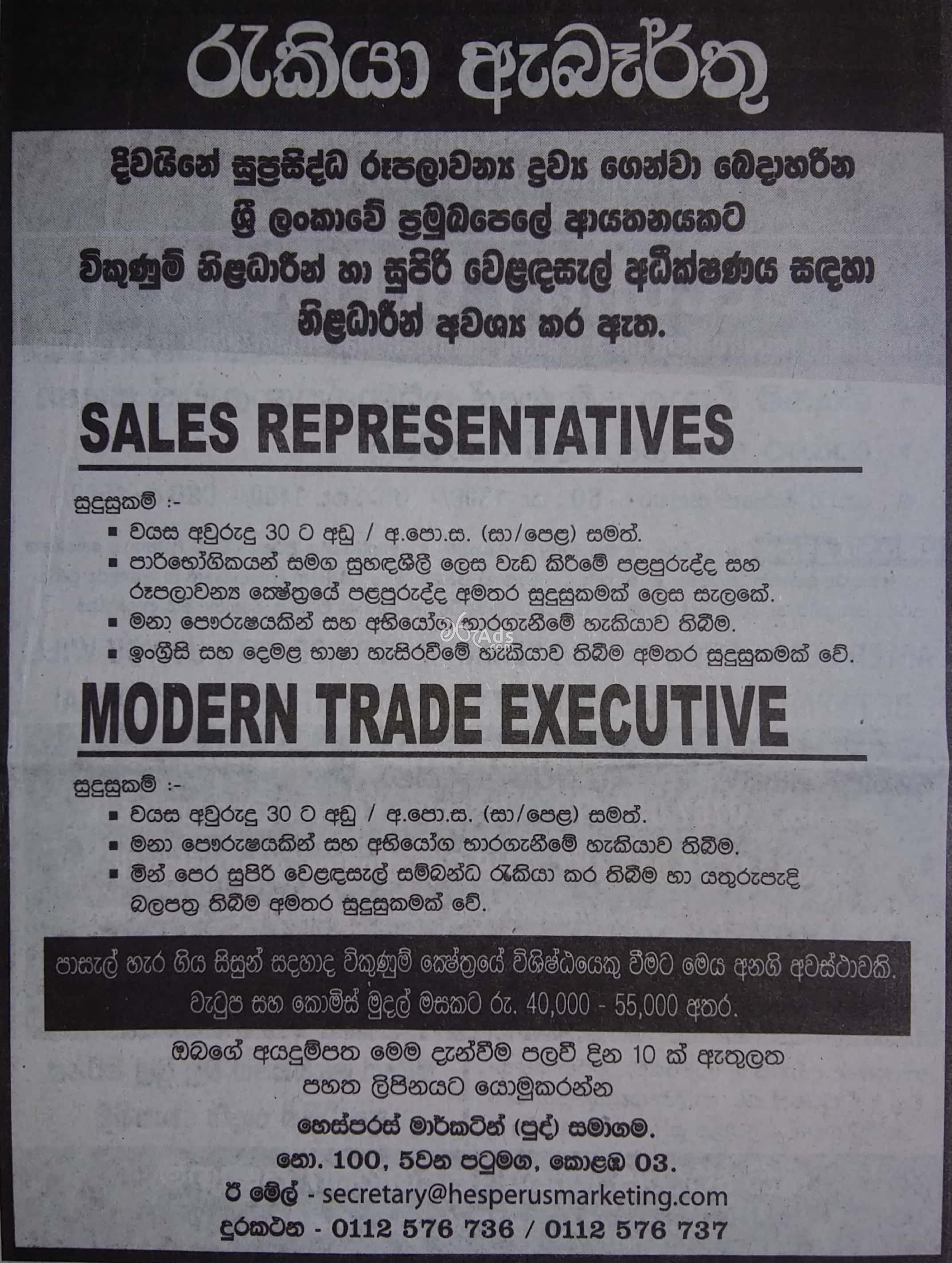 Sales Representatives, Modern Trade Executive Vacancies at Hesperus Marketing (Pvt) Ltd