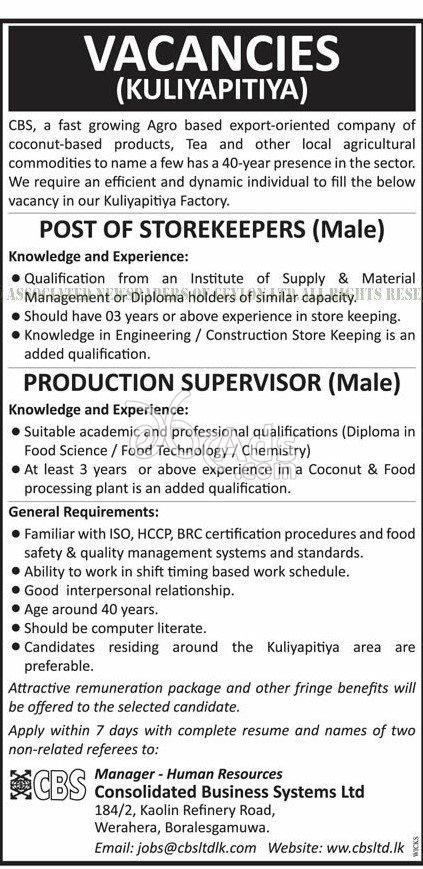 Storekeeper, Production Supervisor Vacancies at Consolidated Business System Ltd