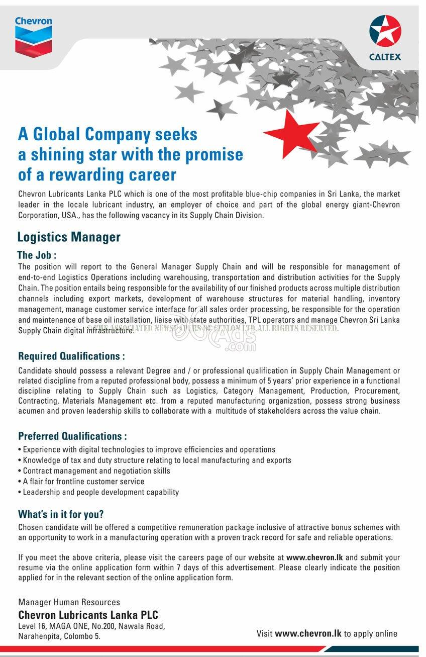 Logistics Manager Job Vacancy at Chevron Lubricants Lanka Ltd (Caltex)