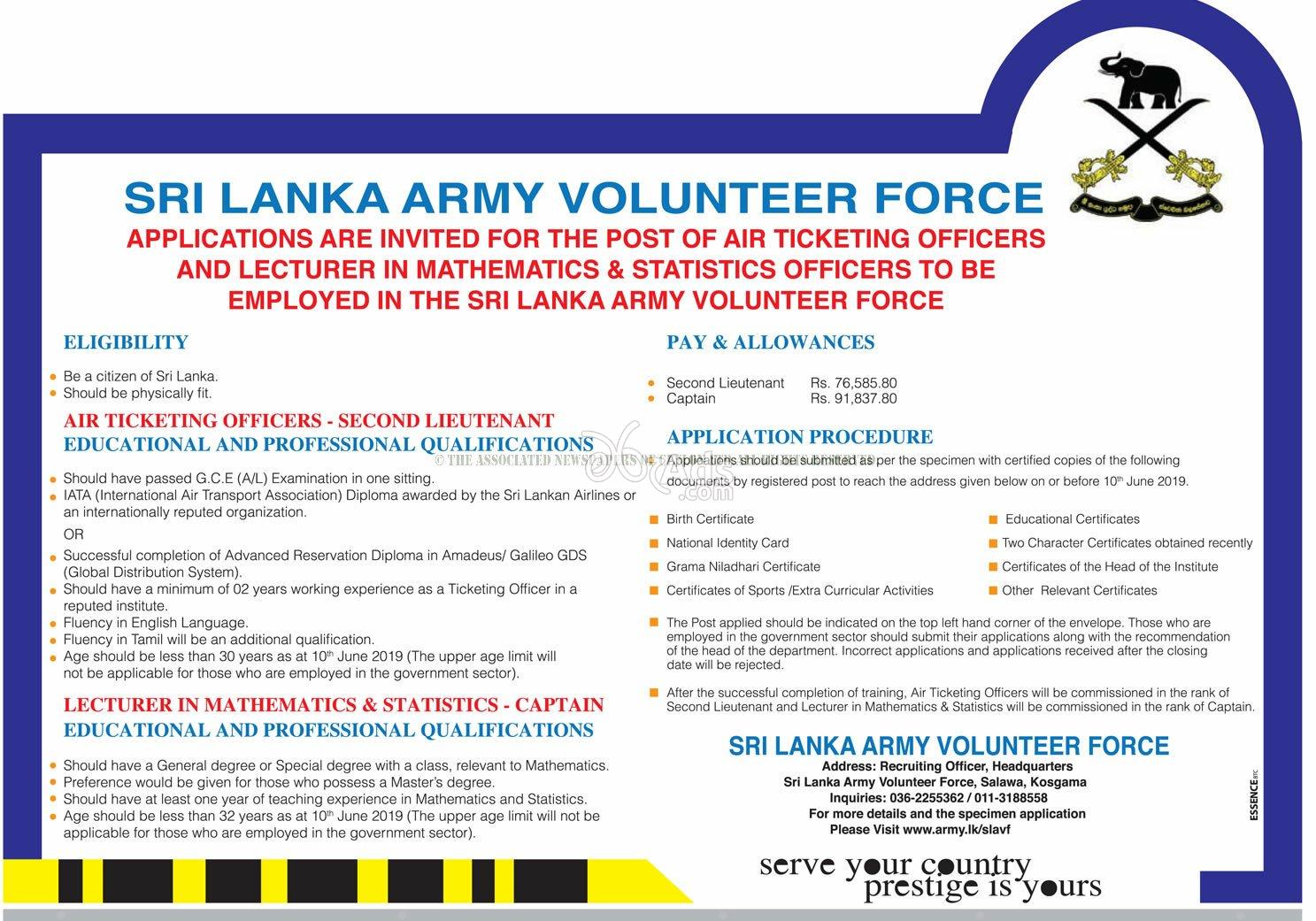 Air Ticketing Officer, Lecturer Government Vacancies at Sri Lanka Army