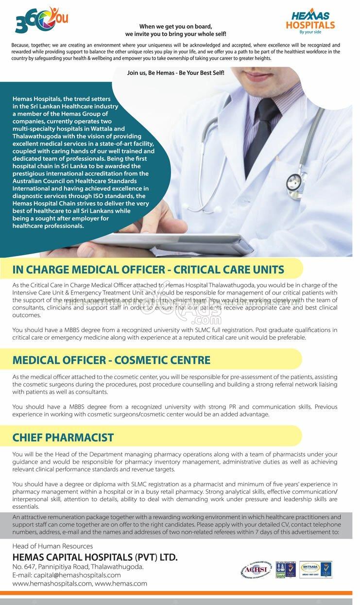 Medical Officer, Chief Pharmacist Vacancies at Hemas Capital Hospitals (Pvt) Ltd