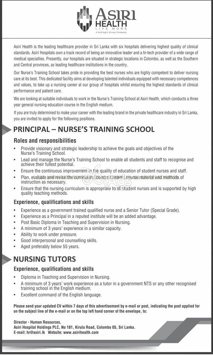 Principal, Nursing Tutors Vacancies at Asiri Hospital Holdings (pvt) Ltd