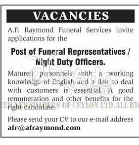 Funeral Representatives, Night Duty Officers Vacancies at A.F. Raymond Funeral Services