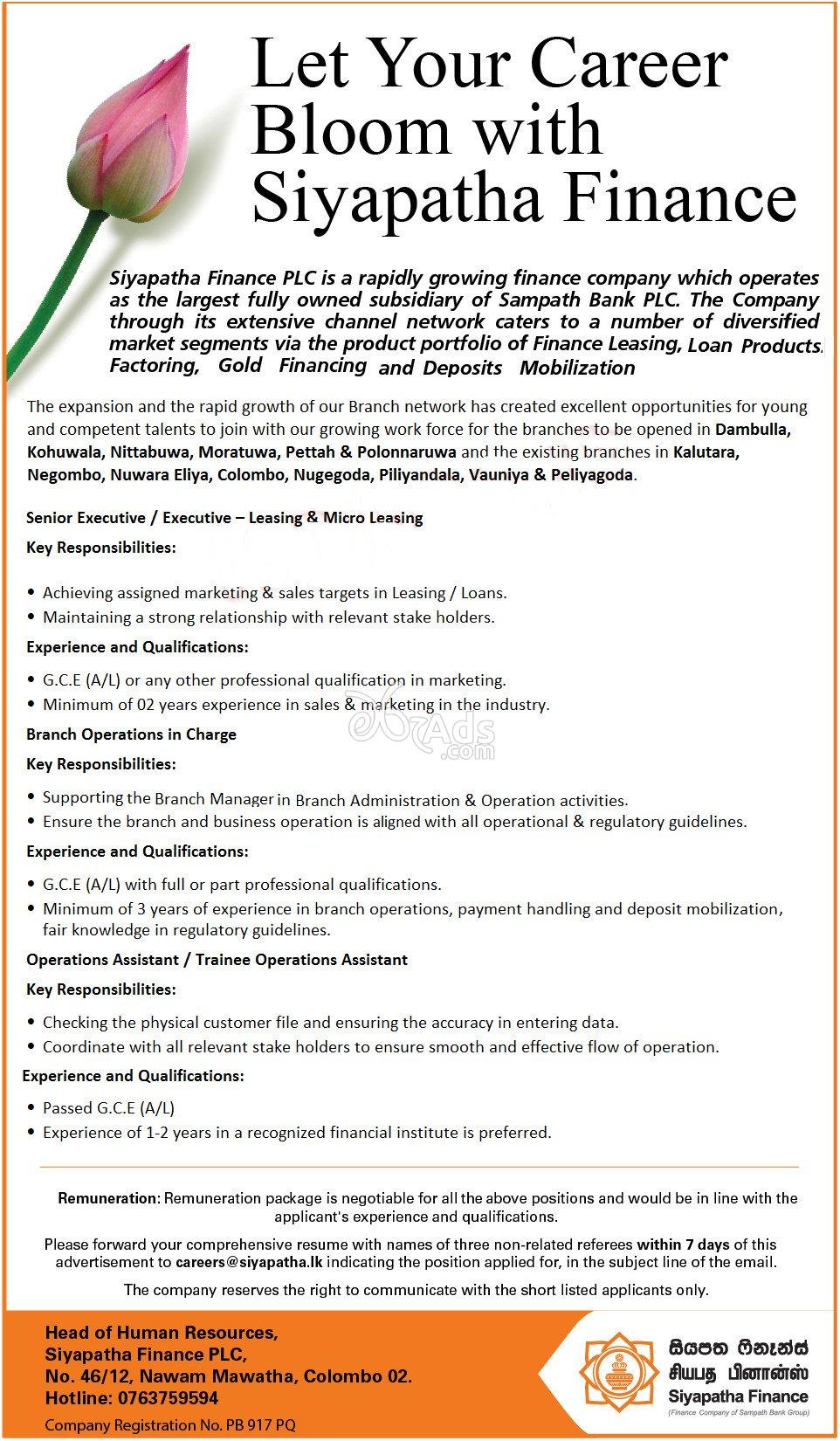 Senior Executive, Branch Operations in Charge, Operations Assistant Vacancies at Siyapatha Finance PLC