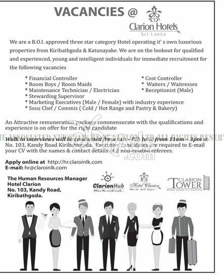 Financial / Cost Controller, Room Boy / Maid, Technician, Steward, Chef, Waiter, Receptionist Vacancies at Hotel Clarion