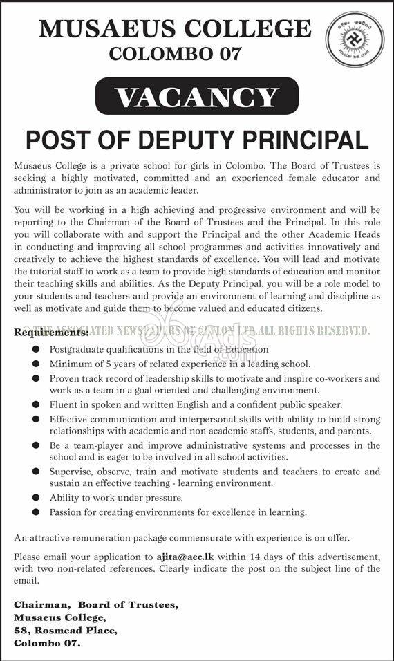 Deputy Principal Vacancy at Musaeus College Colombo 07