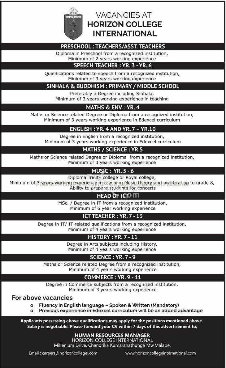 Pre School Teachers, Teachers Vacancies at Horizon College International