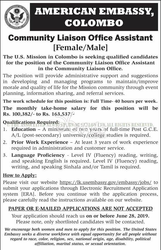 Community Liaison Office Assistant Government Vacancy at American Embassy - Colombo