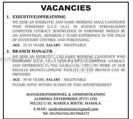 Executive, Branch Manager Vacancies at Aluroma Enterprises (Pvt) Ltd