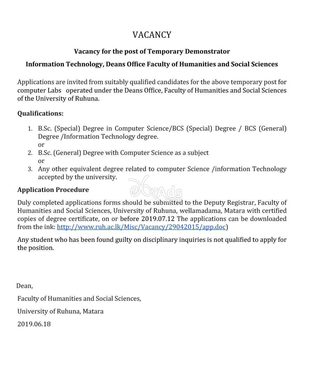 Temporary Demonstrator Government Vacancy at University of Ruhuna
