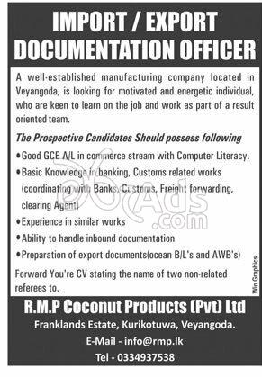 Import / Export Documentation Officer Vacancy at R.M.P. Coconut Products (pvt) Ltd