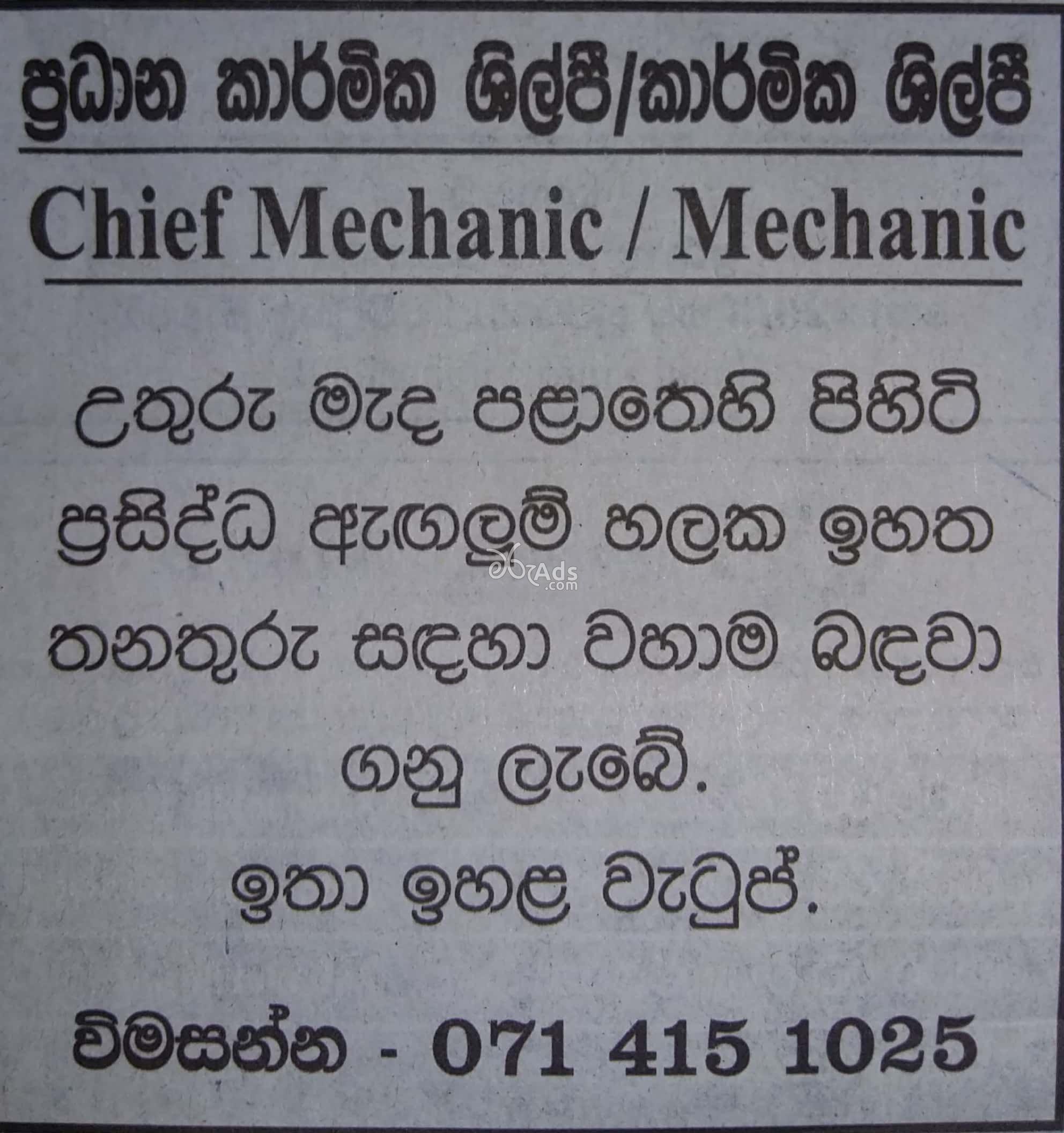 Vacancies for Chief Mechanic / Mechanic