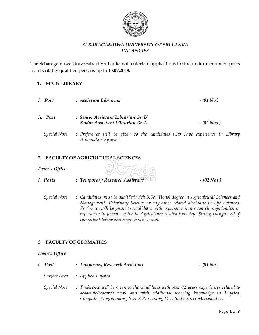 Assistant Librarian, Research Assistant Government Vacancy at Sabaragamuwa University of Sri Lanka